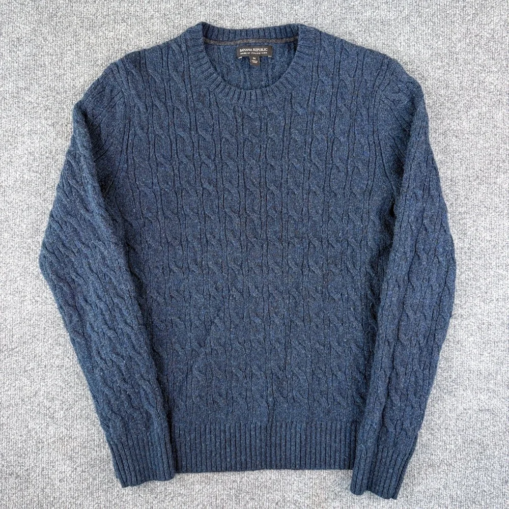 Banana Republic Sweater Mens M Blue Cable Knit Fisherman Wool Cashmere Crew Neck